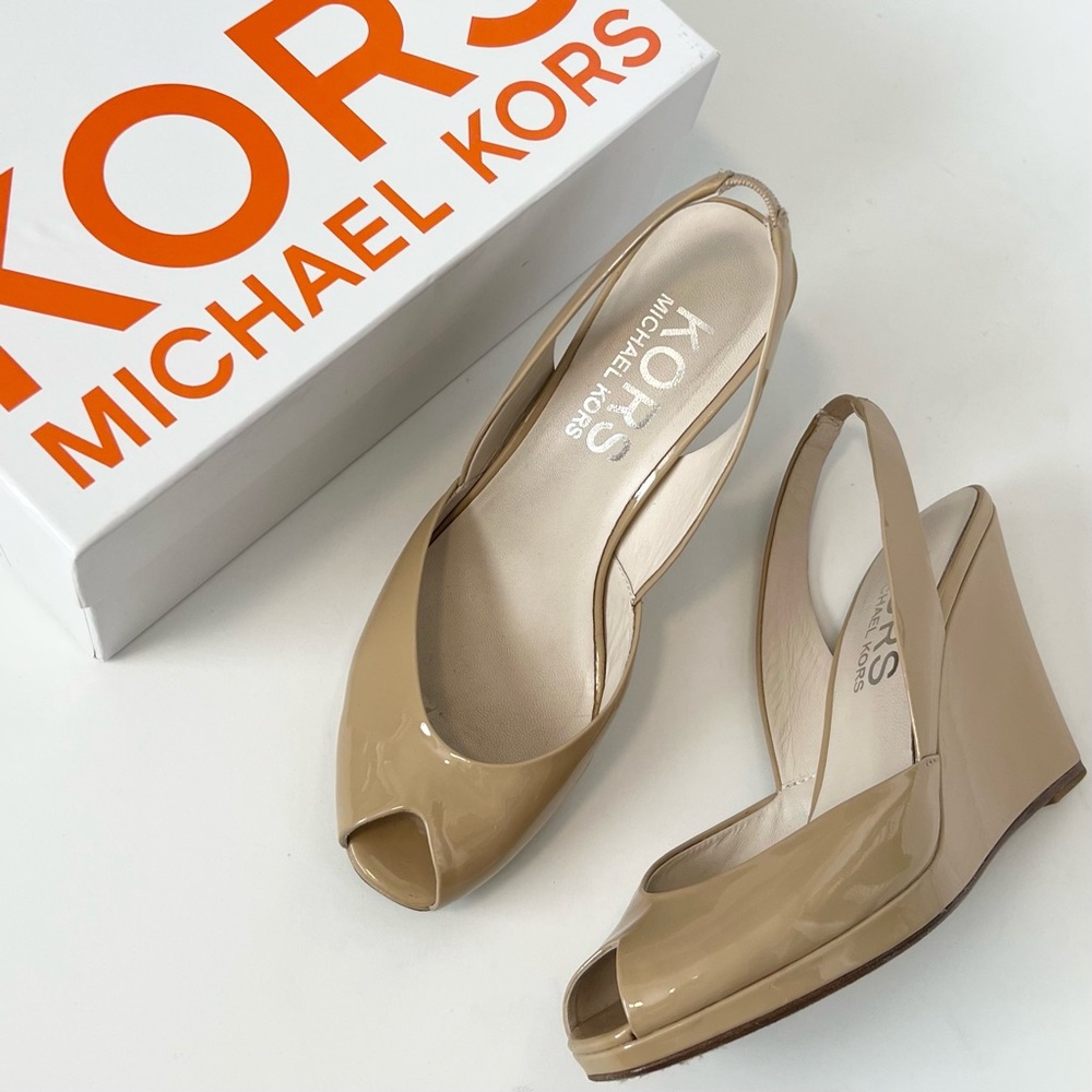 Michael Kors Women’s Beige Patent Peep-Toe Wedge Slingback